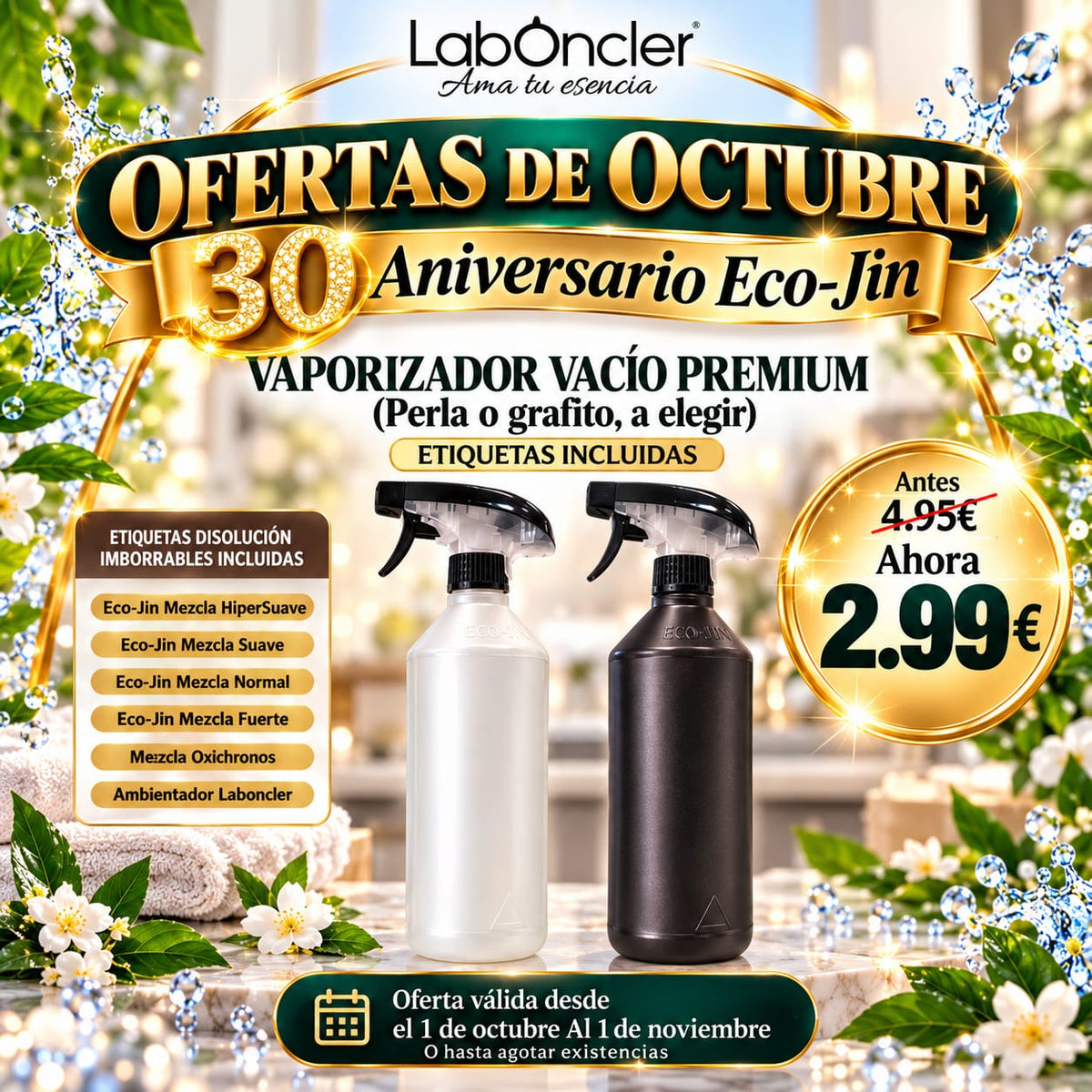 Difusor ECO-JIN Premium (Perla o Grafito) + Etiquetas imborrables