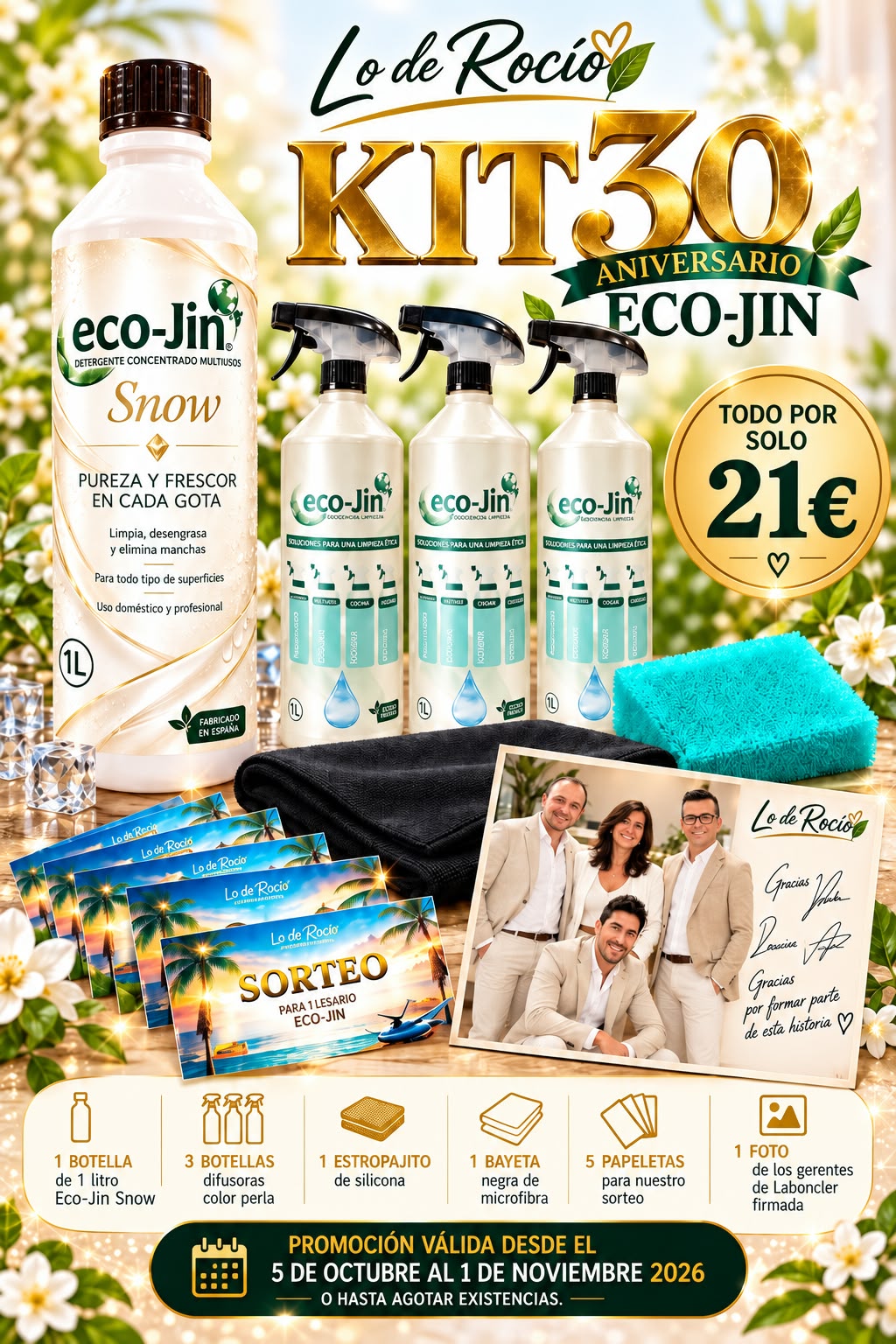 KIT 30 ANIVERSARIO ECO-JIN SNOW 1L + 3 DIFUSORES PREMIUM + 1 ESTROPAJO SILICONA + BAYETA MICROFIBRA + 5 PAPELETAS + FOTO FIRMADA POR FUNDADORES