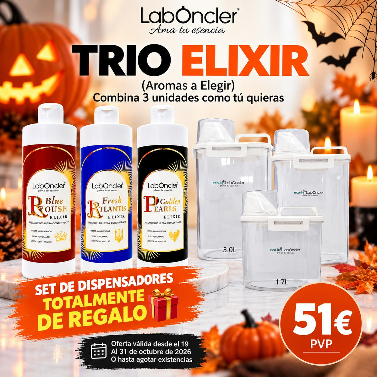 HALLOWEEN LABONCLER: TRIO FREGASUELOS ELIXIR A ELEGIR + SET DE DISPENSADORES DE REGALO